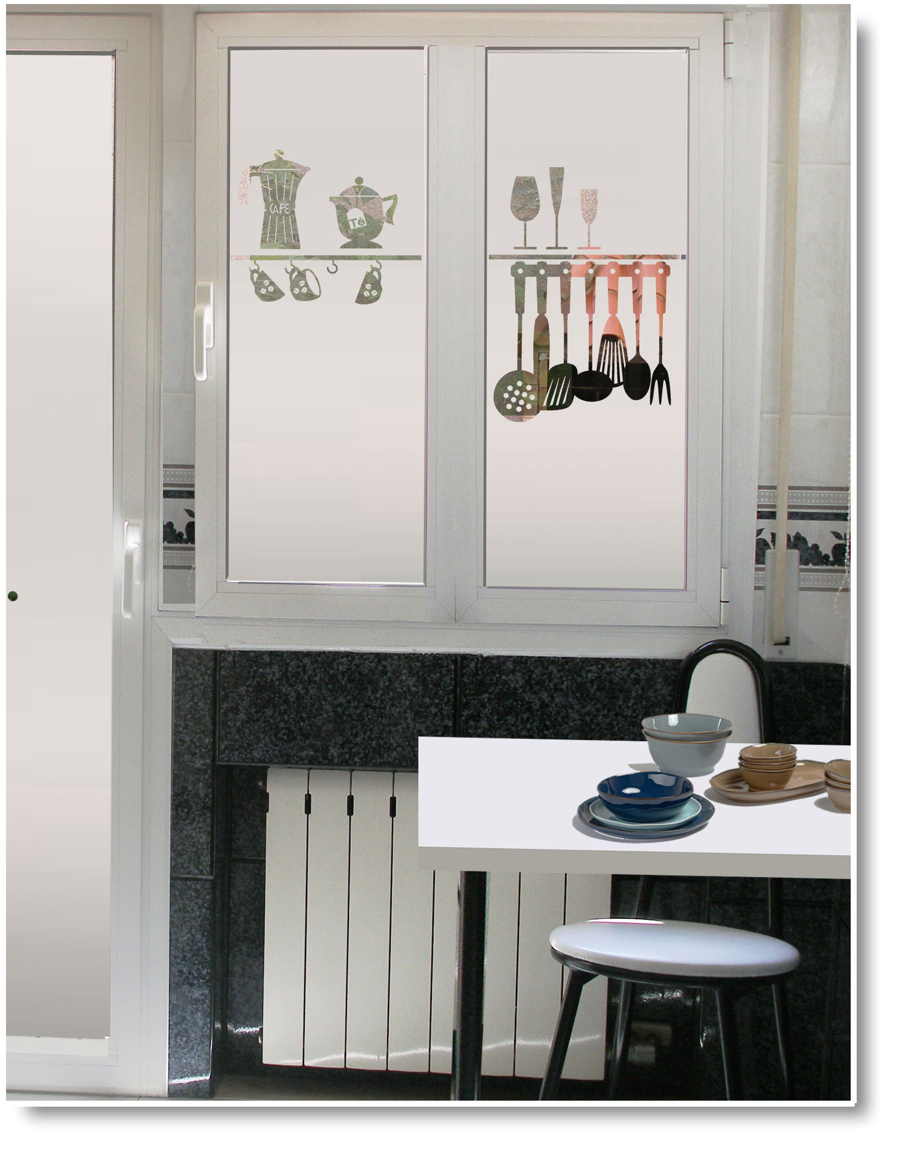 vinilos translúcido para ventanas cocina- REF. kitchen 18n adaptado a 2  ventanas